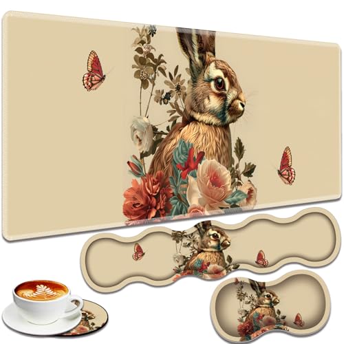 Large Gaming Mouse Pad + Keyboard Wrist Rest + Wrist Support + Coaster Set, Memory Foam Ergonomic for Easy Typing, XXL Extended Gaming Mouse Pad Table Pad - Rabbit - color: Rabbit