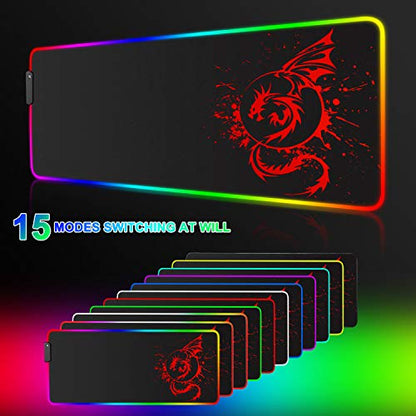 RGB Gaming Mouse Pad, Large Extended Glowing Led Mousepad with 15 Lighting Modes and USB,Smooth Surface Waterproof Gamer Mouse Mat for Gaming, Macbook, PC, Laptop, Desk 31.5 X 12 Inch (Red)