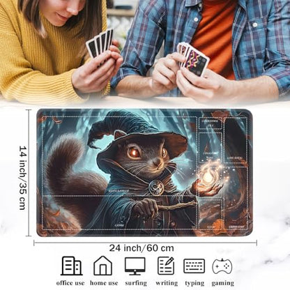 for MTG/TCG Playmat with Zones, 24 x 14 inches Trading Card Playmat with A Storage Bag and 6 Dice, Non-Lip Rubber Bottom Game Desk Mat, Squirrel Wizard in The Forest - color: Yux-playmats-2-3A-259