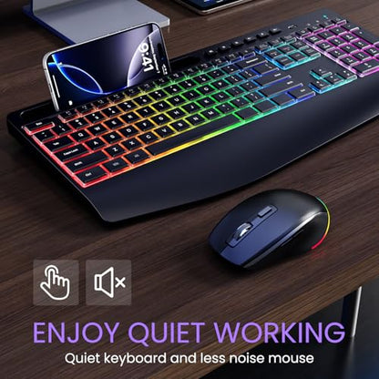 Wireless Keyboard and Mouse Combo- VEILZOR 2.4G Rechargeable Keyboard with Phone Holder, Ergonomic Wrist Rest, 9 RGB Backlit Effects, Silent Keyboard Mouse Set for Windows, Laptop, PC - color: Black