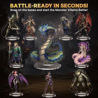 Monster Villains Miniatures Set, 10 Flat Minis with Bases for Tabletop RPG, 2D Fantasy Monster & Villain NPC Minis, D&D Compatible, 2D Pathfinder & 5e Miniatures for TTRPG