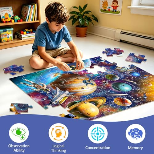 Jumbo Floor Puzzles for Kids Ages 4-6, 48 Pieces Solar System Puzzles | Extra-Thick Large Piece Floor Puzzles for Kids Ages 3-5, Preschool Educational Learning Planet Toys, Gift for Boys & Girls