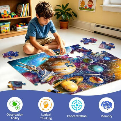Jumbo Floor Puzzles for Kids Ages 4-6, 48 Pieces Solar System Puzzles | Extra-Thick Large Piece Floor Puzzles for Kids Ages 3-5, Preschool Educational Learning Planet Toys, Gift for Boys & Girls