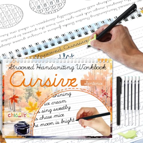 chiazllta Grooved Cursive Handwriting Workbook with Disappearing Ink Pens Magic Reusable Grooved Cursive Writing Practice for Beginners Kids Kickoff Student Workbook Homeschooling Supplies (Sentence) - style: Sentence