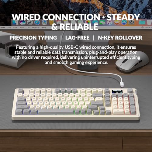 L98 Gaming Keyboard Wired, Cute Creamy Keyboard with Number Pad, Media Knob RGB Backlit, Quiet Office Computer Keyboards for PC Mac Laptop (Creamy Gray - Wired)