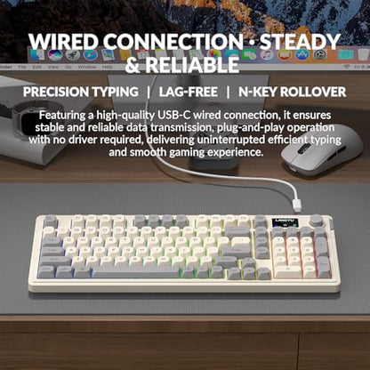 L98 Gaming Keyboard Wired, Cute Creamy Keyboard with Number Pad, Media Knob RGB Backlit, Quiet Office Computer Keyboards for PC Mac Laptop (Creamy Gray - Wired)