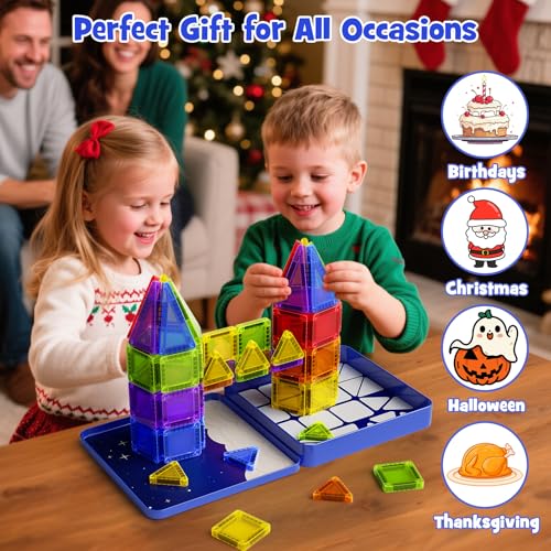 Mini Magnetic Tiles Travel Kit: 60Pcs Airplane Activities & Road Trip Toys | Visual Storage Box & Metal Play Base - Portable STEM Sensory Building Blocks for Toddlers & Kids Ages 3-8 - style: Mini Magnetic Tiles Travel Construction Set - 60PCS
