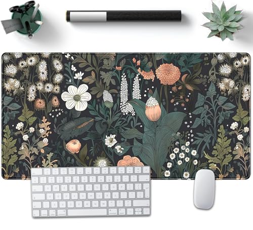 Dark Flower Desk Mat Floral Plants Mouse Pad Boho Aesthetic Wildflowers Large Gaming Mousepad Desk Pad, XXL Keyboard Mouse Mat Full Desktop Mat Women Office Desk Accessories 31.5"x15.7" - color: A5- Dark Flowers