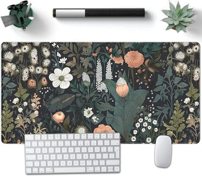 Dark Flower Desk Mat Floral Plants Mouse Pad Boho Aesthetic Wildflowers Large Gaming Mousepad Desk Pad, XXL Keyboard Mouse Mat Full Desktop Mat Women Office Desk Accessories 31.5"x15.7" - color: A5- Dark Flowers
