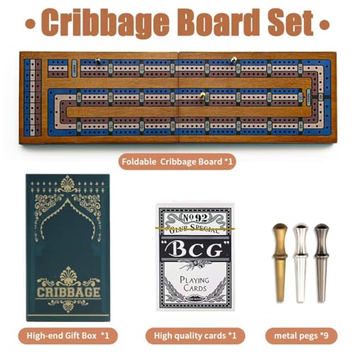 Wooden Cribbage Board Game Set, Travel Cribbage Board with Storage and Collapsible, with Magnetic Lock / 9 Metal Pegs/Full Deck of Cards, Family Board Games for Adults