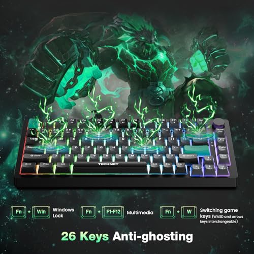 TECKNET 75% Compact Gaming Keyboard, 82-Key RGB Backlit Wired Keyboard with 26-Key Anti-Ghosting, Quiet Responsive Keys, Ergonomic Design, USB Plug & Play Keyboard for PC, Laptop, Gaming & Office