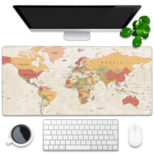 Desk Mat, Yellow Vintage World Map Extended Gaming Mouse Pad Large, 35.4"x15.7" Big Mouse Pad with Non-Slip Base and Stitched Edge, Long Computer Keyboard Mouse Mat for Home Office Work - color: Retro World Map, size: 35.4"x15.7"