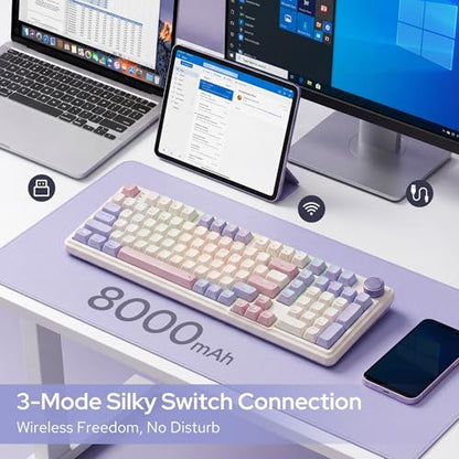Redragon K768 PRO 100 Keys Wireless Gasket RGB Gaming Keyboard, Massive 8000 mAh PBT Mechanical Keyboard w/Hot-Swap Socket, Dedicated Knob Control & 5-Layer Noise Dampening, Custom Yolk Linear Switch - color: Lilac Land