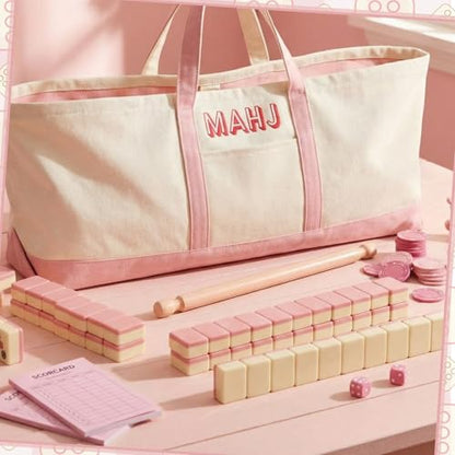 Mahjong Bag for Tiles and Racks Empty American Mahjong Tiles Carrying Tote 31.5 x 12 x 4 Inches Canvas Tile Games Accessories Gifts for Card Pushers Rack Mat Carrying, Case Only(Pink) - color: Pink