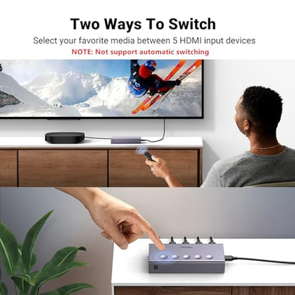 UGREEN HDMI Switch 5 in 1 Out 4K@60Hz, HDMI Splitter with Remote 5 Port Switcher Selector Box Support 3D CEC HDR HDCP2.2 Compatible with PS5/4/3 Xbox Nintendo Switch Roku TV Fire Stick Grey - color: Grey