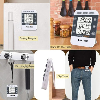 Digital Kitchen Timers for Cooking, 2 Pack | Triple Timer Count UP/Down, Large LCD Display, Adjustable Volume, Loud Alarm, Magnetic, Battery Included - color: 382-2 White