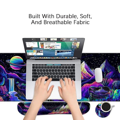 Desk Mat, Large Gaming Mouse Pad with Wrist Rest, 4 in1 XXL Mouse pad+Keyboard Wrist Rest+Mouse Pad Wrist Support+Cup Coaster Set, Ergonomic Desk Pad for Home Office, Neon Landscape - color: Neon Landscape