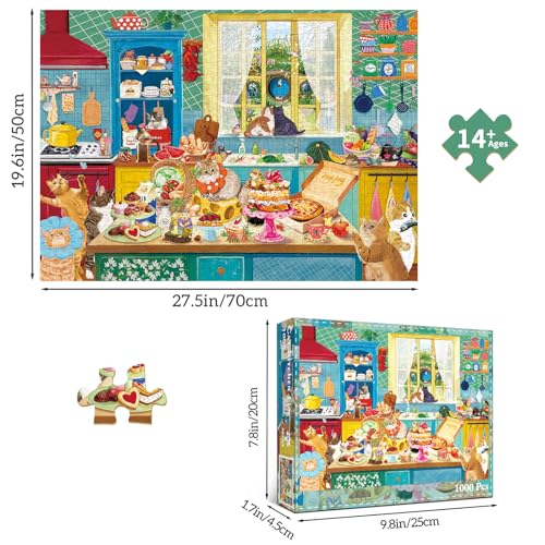1000 piece Puzzle for Adults,Kitchen Jigsaw Puzzle 1000 Pieces for Adults,Challenging Family Games Holiday Party Gifts -1:1 Poster Interlock Perfectly Letter on Back-Cat Kitchen - color: Cat Kitchen