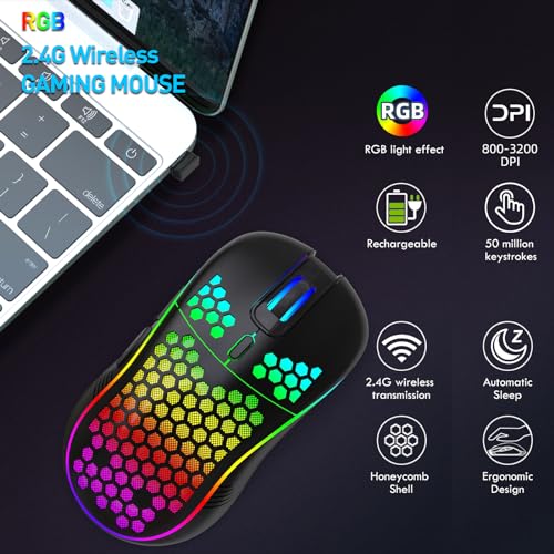 Wireless Gaming Mouse, Rechargeable Computer Mouse Ergonomic Mice Honeycomb Design with RGB Backlight, USB Receiver, 7 Buttons, Adjustable DPI, Wireless Mouse for PC/Mac/Laptop