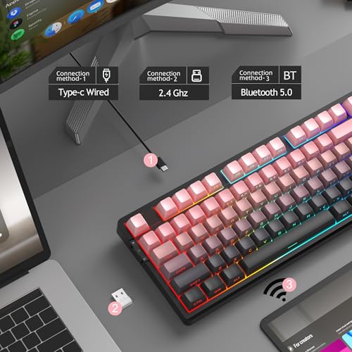 MageGee LIGHT87 Wireless Creamy Keyboard, Gasket Structure, RGB Backlit, 2.4G/USB-C/BT5.0 Hot Swappable Mechanical Gaming Keyboard for Win/Mac/PC, 8000mAh Battery, Side Printed PBT Keycaps, Pink - color: Pink Black/Blue Whale Switch