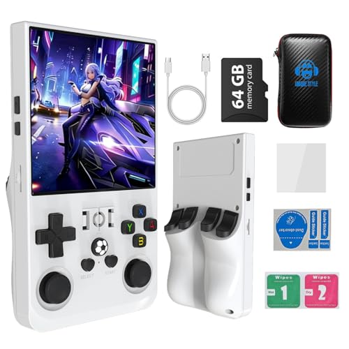 R36MAX 4000mAh Portable Rechargeable Handheld Retro Game Console,Handheld Retro Game Console with 64G TF Car,4.0-inch Screen,Feminine+Masculine Colors Easy Install for Travelers,White - color: Snow White