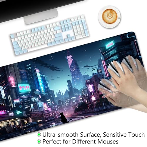 LIMKRIAN Cyberpunk Mouse Pad, Japanese Anime Cat Neon Tokyo Desk Mat Pad | Stitched Edges, Non-Slip, Large Mouse Pads for Desktop Computer Laptop Office Work Game Home, 31.5x11.8 in, Desk Accessories - color: Neon Tokyo