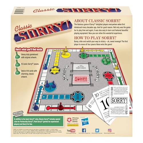 Classic Sorry Board Game with Retro Artwork by Winning Moves Games USA | Family Favorite for Over 100 Years, 1-4 Players, Ages 6+, Retro Components