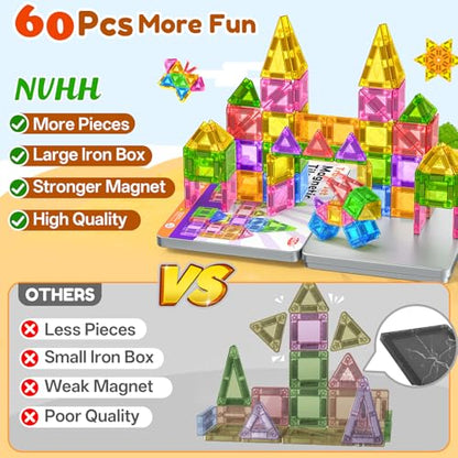 60PCS Mini Magnetic Tiles for Kids Ages 3-5 4-8 with Iron Box Travel Magnet Building Kids Toys for 3 4 5 6 7 8 Year Old Boys Girls Toddler Creativity Construction Sensory Valentines Birthday Gifts