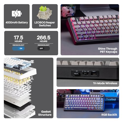 EPOMAKER x Aula F75 Gasket Mechanical Keyboard, 75% Wireless Hot Swappable Gaming Keyboard with Five-Layer Padding&Knob, BT/2.4GHz/USB-C, RGB (Black Gradient, LEOBOG Reaper Switch) - color: Black Gradient, size: LEOBOG Reaper Switch