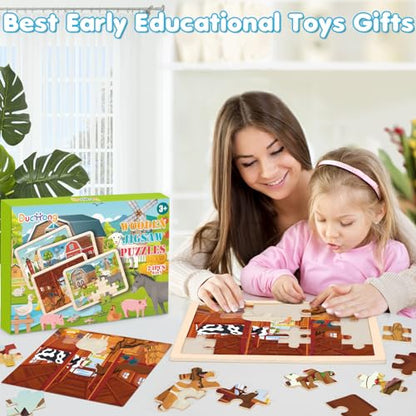 4-in-1 Farm Wooden Puzzles for Kids Ages 4-6, 24 PCS Wooden Jigsaw Puzzles for Toddlers Ages 3-5, Preschool Educational Puzzles Boards Toys Gifts for 3 4 5 6 Boys Girls - style: Farm