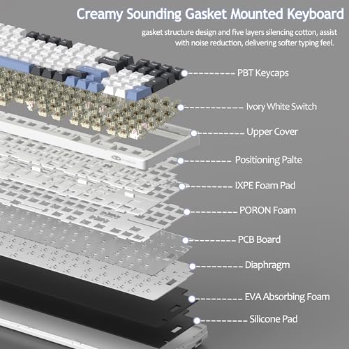 MageGee LIGHT100 Wireless Creamy Keyboard, Gasket Structure Hot Swappable, Tri-Mode 2.4G/USB-C/BT5.0 RGB Backlit Mechanical Gaming Keyboard for Win/Mac/PC, PBT Keycap, 4000mAh Battery, Blue - color: Black Blue/Ivory White Switch