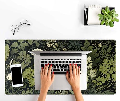 Green Leaves Beige Plants Pad, Large Extend Mouse Pad XXL, Freshness Foliage Keyboard Mat, Black Esthetics Desktop Mat Laptop Wireless Mouse Mat, Gift for Women 31.5"x15.75" - color: Green Leaves of Darkness