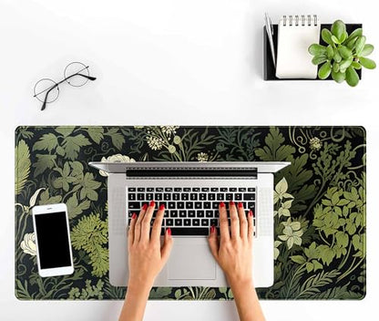 Green Leaves Beige Plants Pad, Large Extend Mouse Pad XXL, Freshness Foliage Keyboard Mat, Black Esthetics Desktop Mat Laptop Wireless Mouse Mat, Gift for Women 31.5"x15.75" - color: Green Leaves of Darkness