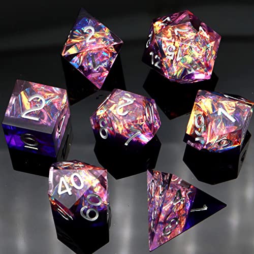 Haxtec Sharp Edge DND Dice Set, Purple Resin Polyhedral RPG Dice | Holographic D&D Dice for Table Games, Compatible with Dungeons and Dragons, Handmade 7-Die with Metal Case, TTRPG Gifts - color: Purple Black