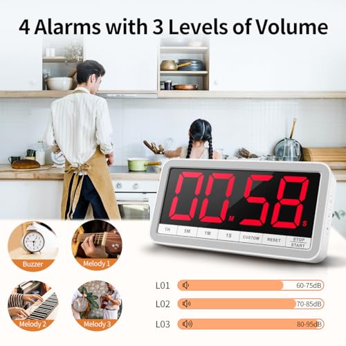 Large 7.8" Digital Timer, Magnetic LED Timer for Kitchen & Classroom | USB-C Rechargeable, Up to 99 Hours Count Up & Countdown Timer with 3 Brightness Levels, 4 Alert Modes and 3 Volume Levels - color: White