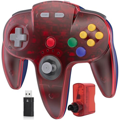 Wireless N64 Controller Made for Switch 1 & 2, N64 Console, (Clear Red) | (Built-in Vibration) (Rechargeable) (3D Analog Stick), 2.4 GHz USB & N64 Receiver Made for Switch Online, Windows PC, macOS - color: Transparent Red