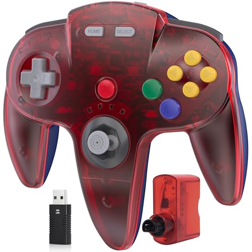 Wireless N64 Controller Made for Switch 1 & 2, N64 Console, (Clear Red) | (Built-in Vibration) (Rechargeable) (3D Analog Stick), 2.4 GHz USB & N64 Receiver Made for Switch Online, Windows PC, macOS - color: Transparent Red