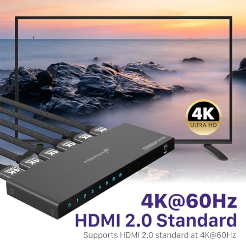Fosmon 5-Port HDMI 4K Switch with Remote, Support 4K@60Hz HDCP 2.2 High Speed 18Gbps 5 in 1 Out Auto-Switching 5x1 HDMI 2.0 Switcher Splitter Hub Compatible with PS5, Xbox X, Apple TV - style: 4K HDMI Switch 5 In 1 Out