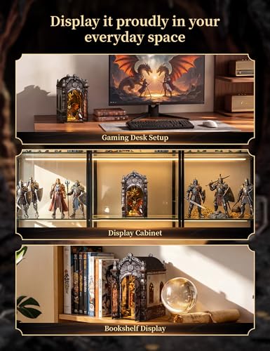 Book Nook Kit for Adults, Dragon Lair DIY Miniature House Kit, Dark Fantasy Tiny House with Knight & Treasure, 3D Puzzles for Adults, Castle Bookshelf Decor