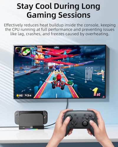 OLCLSS Cooling Fan for Switch 2 Dock, Dual High-Speed Fans with 3-Speed Adjustment, RGB Lighting, Quiet Operation, Wall Mountable Stand, USB Powered Cooling Fan for Switch 2 Console