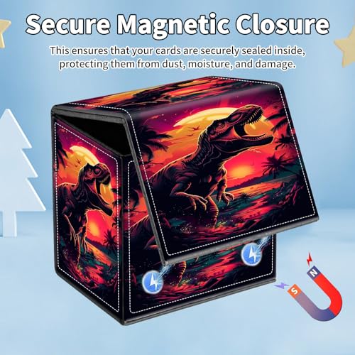 Card Deck Box for MTG Commander,Collectible Trading Storage Box Fits 120+ Single Sleeved Cards Magnetic Case PU Leather for Magic Commander TCG CCG MTG,Dinosaur Sunset - color: Dinosaur Sunset