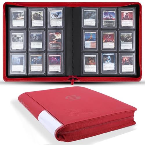 Snekdy Top loader Binder, 9 Pockets Top Loader，Holds 360 Top Loaders cards, Card binder with Sleeves for card in 3 x 4 inches color smooth Zipper PU Leather (Red) - color: Red