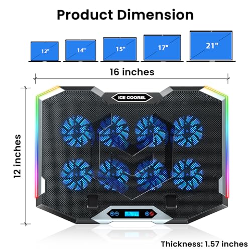 Laptop Cooling Pad with 8 Cooling Fans, Cooling Pad for Gaming Laptop Fan 12-17.3 Inch, Laptop Cooler Stand with 5 Height Adjustable, Notebook Cooler Pad with 2 USB Port, Phone Stand (8 Fans)