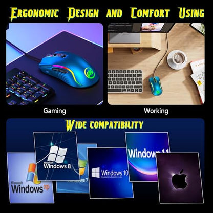 memzuoix Wired Gaming Mouse with RGB - 6 Adjustable DPI up to 12800, 6 Buttons, 12 Lighting Modes, Ergonomic Design with Anti-Slip Rubber Wheel, 5.6ft Braided Cable for PC/Mac/Windows - Blue - color: blue