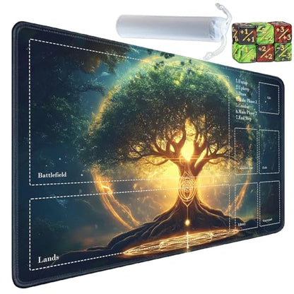 for MTG Card Playmat with Zones-Includes A Storage Bag and 6 Dice, 24 x 14 inches for TCG Playmat with Non-Slip Rubber, Game Mat, Tree of Life - color: Yux-playmats-2-2A-280