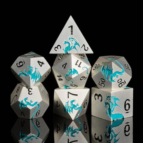 Matte Silver Blue Dragon Metal Dice Set,7 PCS Heavy Zinc Alloy DND Dice with Magnetic Gift Box for Dungeons & Dragons Tabletop Games (Matte Silver Blue Dragon) - color: Matte Silver Blue02