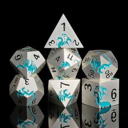 Matte Silver Blue Dragon Metal Dice Set,7 PCS Heavy Zinc Alloy DND Dice with Magnetic Gift Box for Dungeons & Dragons Tabletop Games (Matte Silver Blue Dragon) - color: Matte Silver Blue02