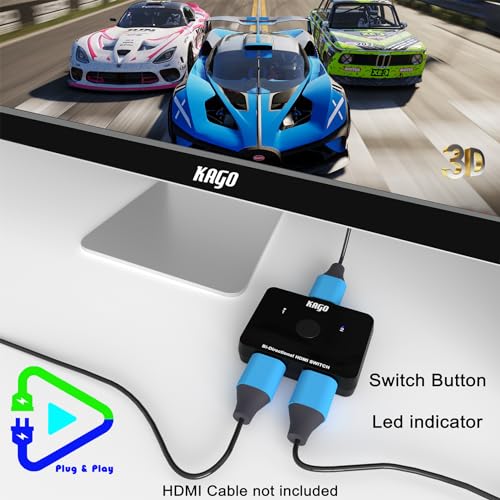 KAGO 4K@60Hz Bi-Directional HDMI Switch Splitter | 2 in 1 Out / 1 in 2 Out, 18Gbps HDCP 2.2, HDR & 3D - size: 2x1