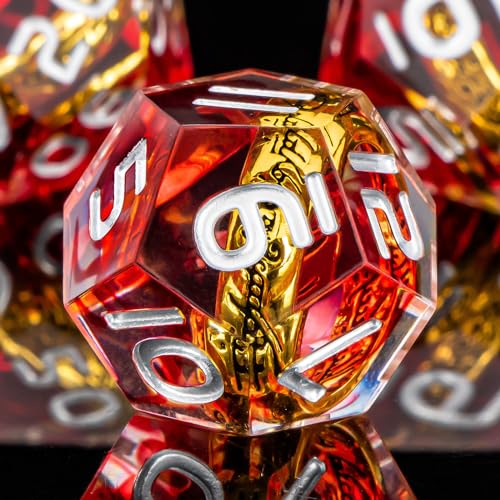 OUKELANWO Magic Lord Rings DND Dice Set with Box, 7Pcs Resin LOTR D&D Dice Set for Role Playing Game, Red Dungeons Dragons D and D Sharp Edge Dice D20 D12 D10 D8 D6 D4 - color: Red & White