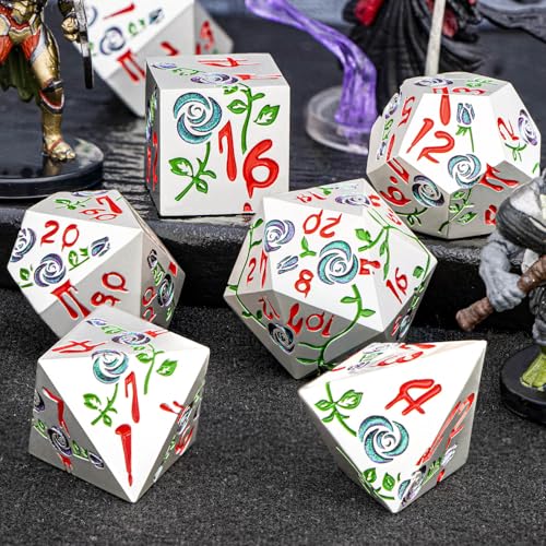 Gothic DND Dice Set Bleeding Rose Metal D and D Dice for use with Dungeons Dragons D&D Role Playing Game, Silver Purple Green RPG Polyhedral Dice Set D20 D12 D10 D8 D6 D4 - color: Purple Green&silver&red Numbers